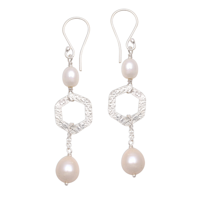 Hexagonal Cultured Pearl Dangle Earrings from Bali