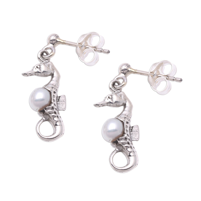 Bali Sterling Silver Seahorse Earrings with White Pearls