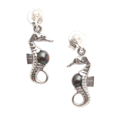 Bali Sterling Silver Seahorse Earrings with Dark Pearls