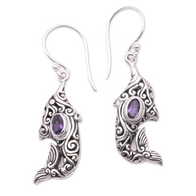Amethyst and Sterling Silver Balinese Dolphin Earrings