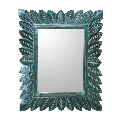 Leaf Pattern Wood Wall Mirror in Green from Bali