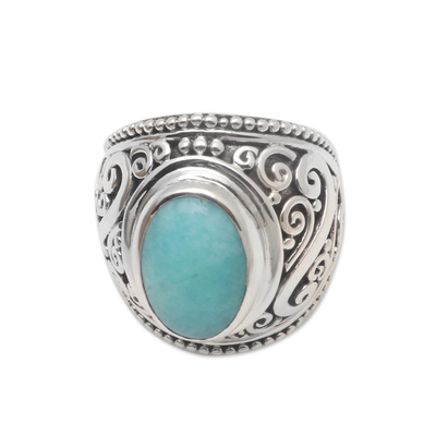 Oval Amazonite Sterling Silver Scroll Motif Cocktail Ring