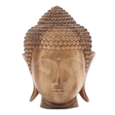 Hand-Carved Wood Buddha Head Sculpture from Bali