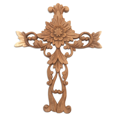 Hand Carved Wood Wall Cross with Floral Motifs