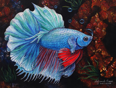 Original Signed Balinese Blue Betta Fish Painting