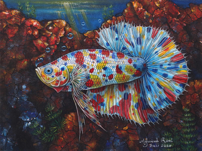 Signed Original Rainbow Betta Fish Painting from Bali