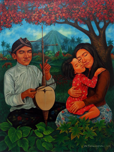 Colorful Painting of a Family at Peace with Nature