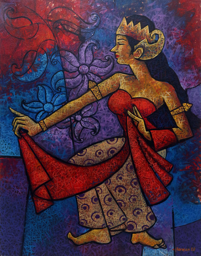 Original Signed Acrylic Painting of a Dancer from Java