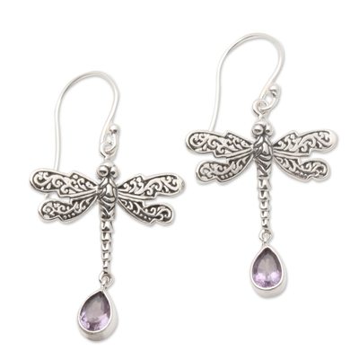 Artisan Crafted Balinese Silver Earrings with Amethyst