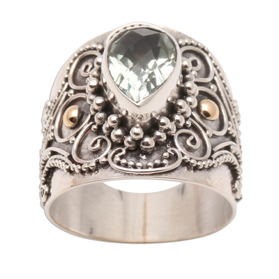 Ornate Balinese Silver and Prasiolite Ring with Gold Accents