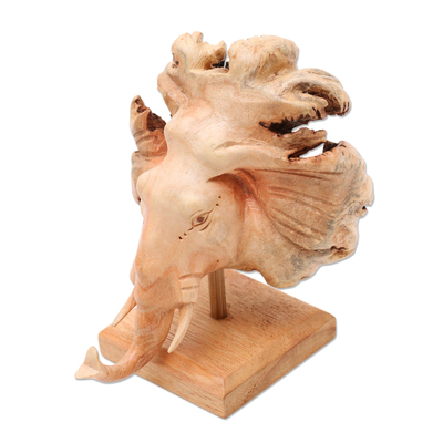 Hand Carved Elephant Sculpture on Wood Stand