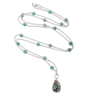 Silver Amazonite and Blue Enamel Harmony Ball Necklace