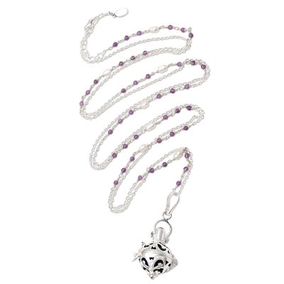 Bali Cultured Pearl & Amethyst Silver Harmony Ball Necklace
