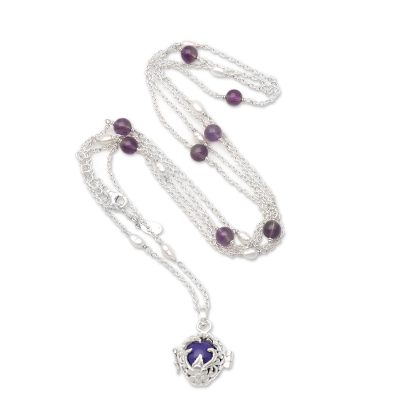 Silver Harmony Ball Necklace with Cultured Pearl & Amethyst