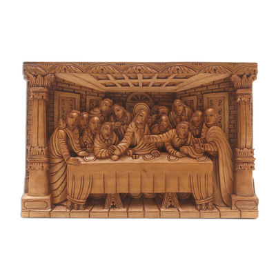 Last Supper Carved Acacia Wood Relief Panel