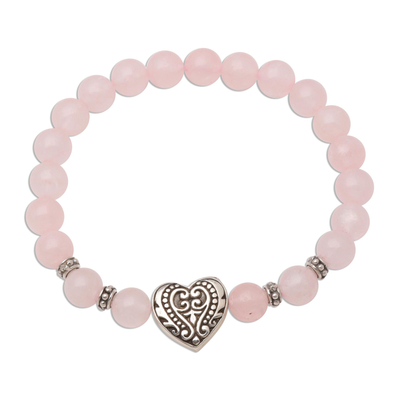Rose Quartz Stretch Bracelet with Silver Heart Pendant