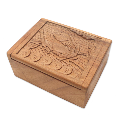 Hand Carved Decorative Wood Box with Bird Relief