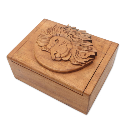 Hand Carved Wood Box with Lion Head Relief