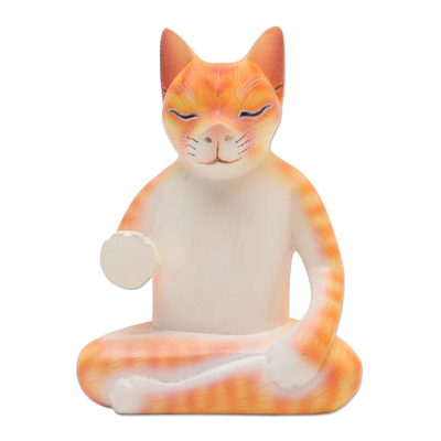 Hand Carved Wood Sculpture of Meditating Cat