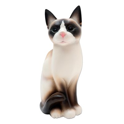 Realistic Hand Painted Wood Cat Statuette