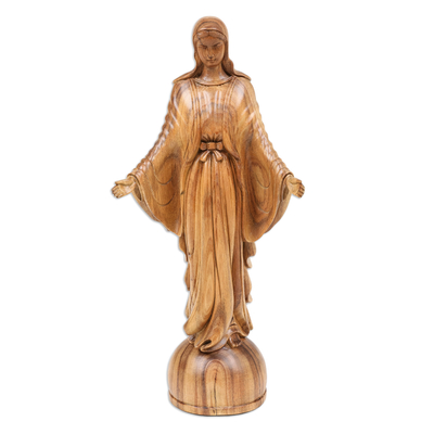 Hand Carved Acacia Wood Mother Mary Christian Sculpture