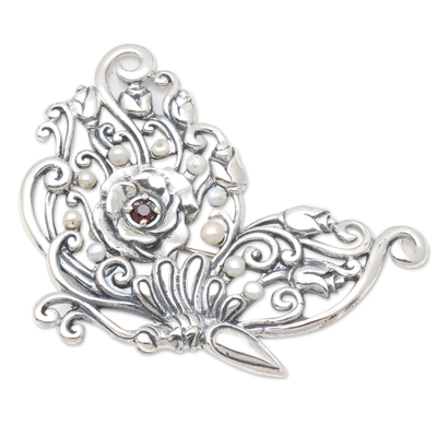 Sterling Silver Brooch with Garnet and Freshwater Pearls