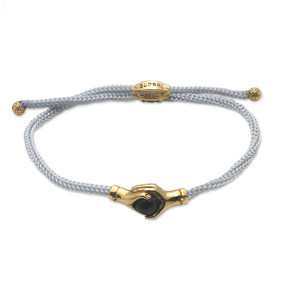 Bali Brass and Black Agate Grey Cord Unity Bracelet