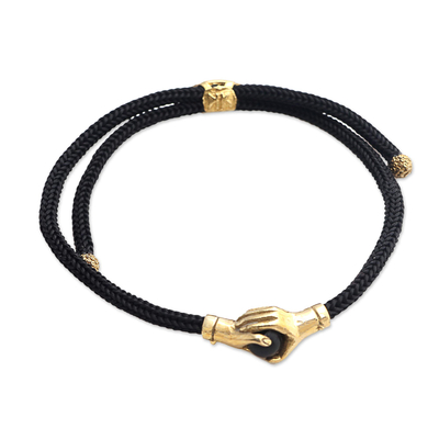 Brass and Black Obsidian Cord Unity Bracelet from Bali