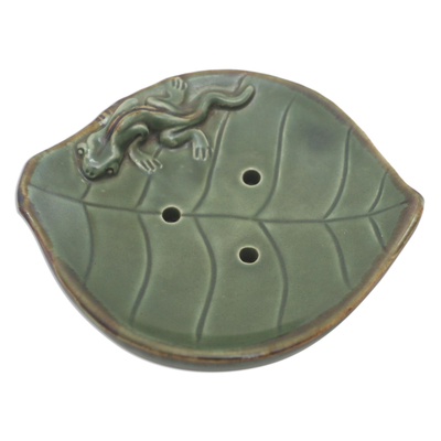 Ceramic Leaf Soap Dish with Gecko Decoration