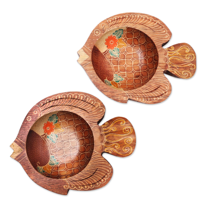 2 Fish-Shaped Decorative Wood Batik Bowls from Java