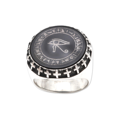 Sterling Silver and Obsidian Eye of Horus Signet Ring