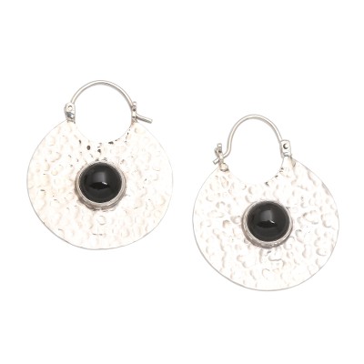 Hammered Sterling Silver Hoop Earrings with Black Onyx Stone