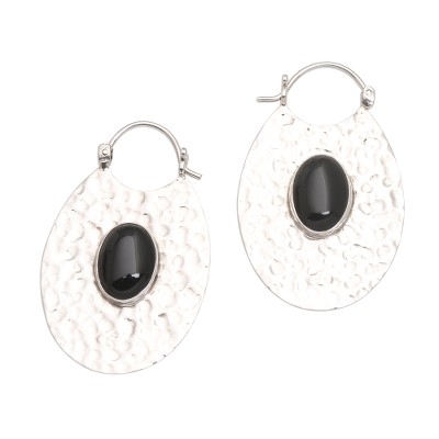 Hammered Sterling Silver Oval Hoop Earrings with Black Onyx