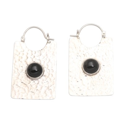Rectangular Hammered Silver and Onyx Hoop Earrings