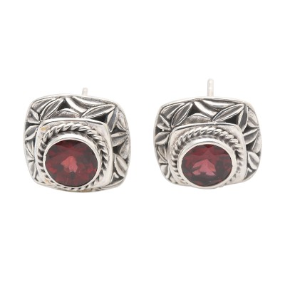Garnet and Sterling Silver Button Earrings Bamboo Leaf Motif