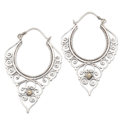 Balinese Gold Accented Sterling Silver Hoop Earrings
