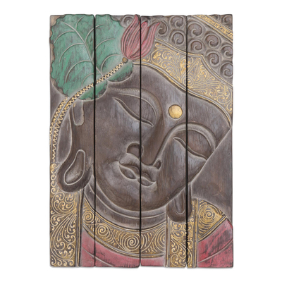 Four Panel Wood Wall Panel Buddha in Brown