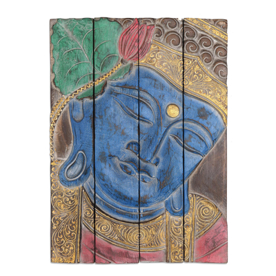 Four Panel Wood Wall Panel Buddha in Blue