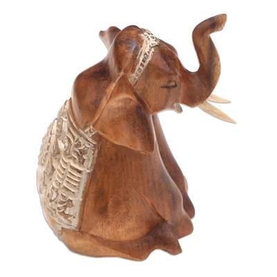 Seated Elephant Hand Carved Wood Sculpture
