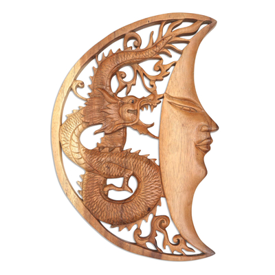 Hand Carved Wood Relief Wall Panel Moon and Dragon