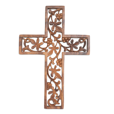 Hand Carved Wood Cross with Leaf and Vine Motif