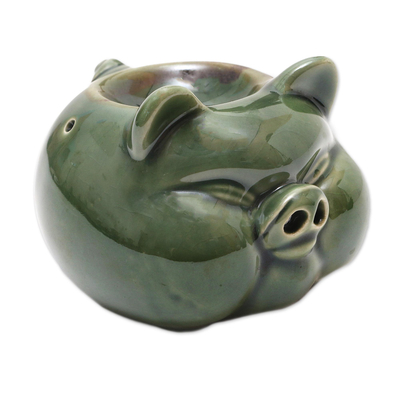 Hand Crafted Green Ceramic Pig Oil Warmer