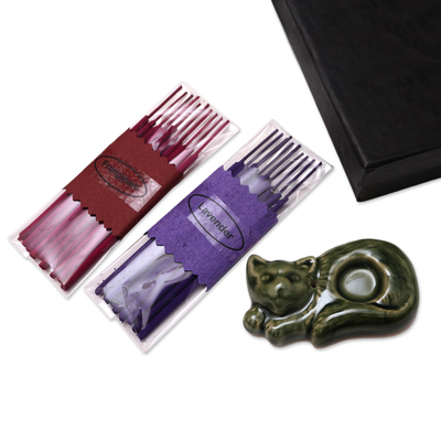 Aromatherapy Set with Ceramic Cat Incense Holder