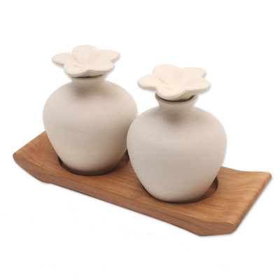 Hand Made Ceramic and Teak Wood Bathroom Set