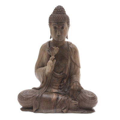 Buddha with Lotus Hibiscus Wood Statuette