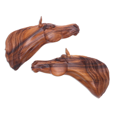 Pair of Handcarved Suar Wood Horse Heads Wall Sculptures