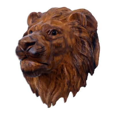 Suar Wood Lion Head Wall Sculpture with Onyx Eyes