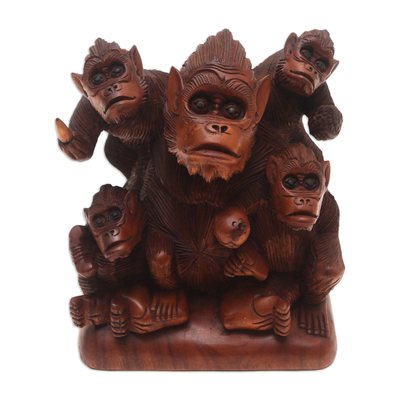 Hand Carved Suar Wood Monkey Family Sculpture