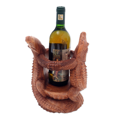 Hand Carved Suar Wood Crocodile Wine Holder