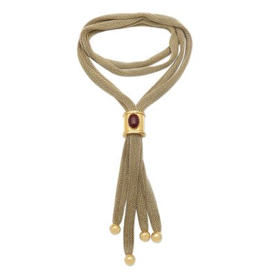 Gold-Accented Brass and Carnelian Lariat Necklace